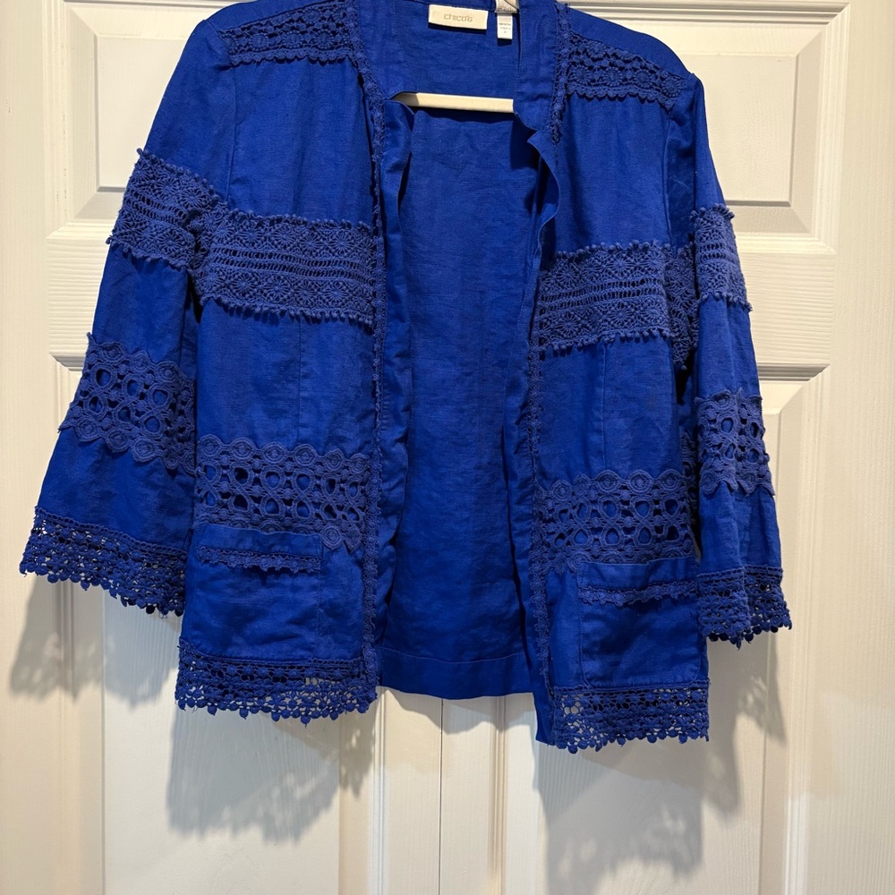 Chicos blue lace detailing linen jacket over shirt 3/4 sleeve size 2 large
